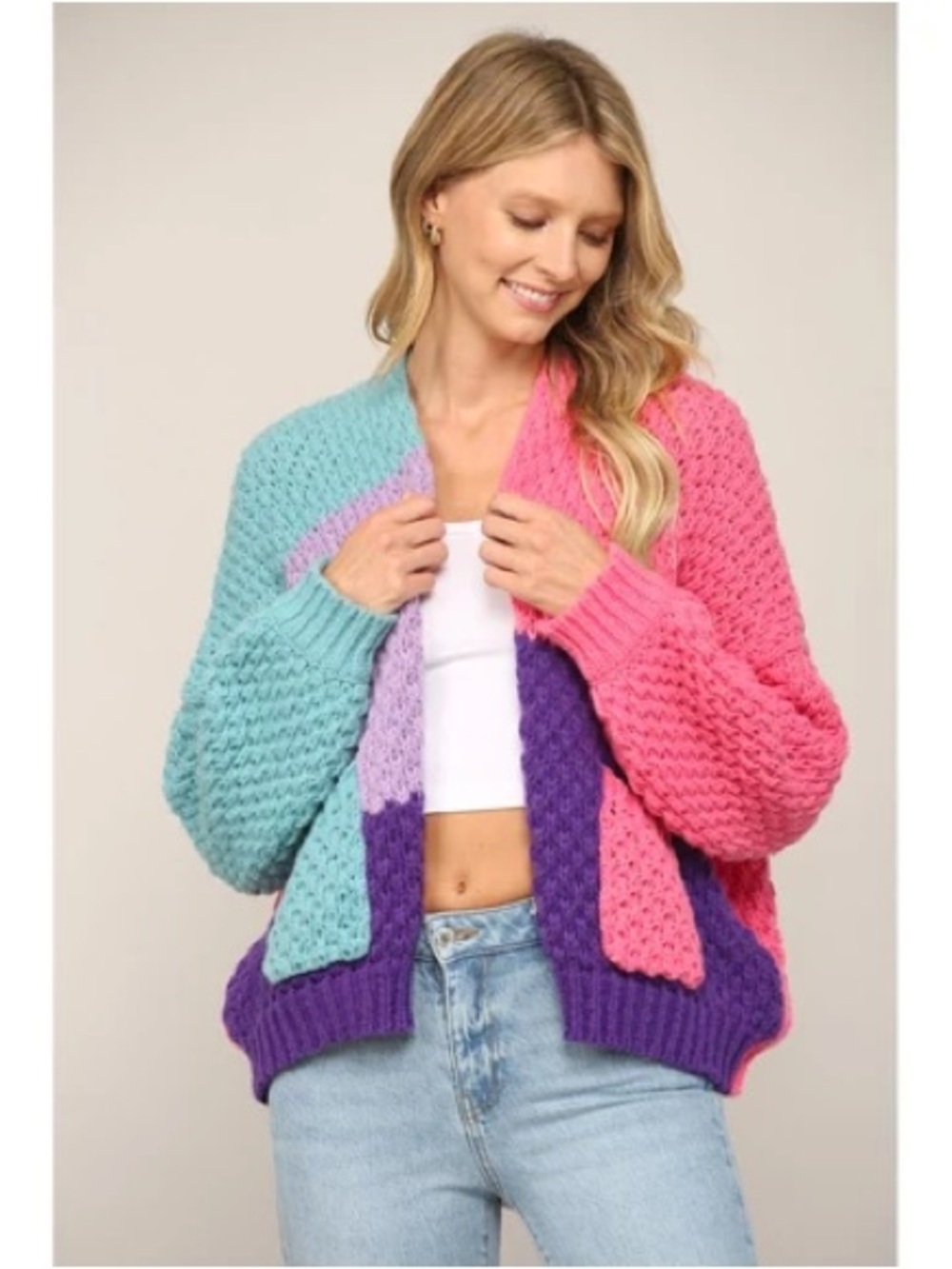 Chunky Color Block Knit Cardigan in Pink, Purple, Lilac w/ Pockets-Size L-NWT